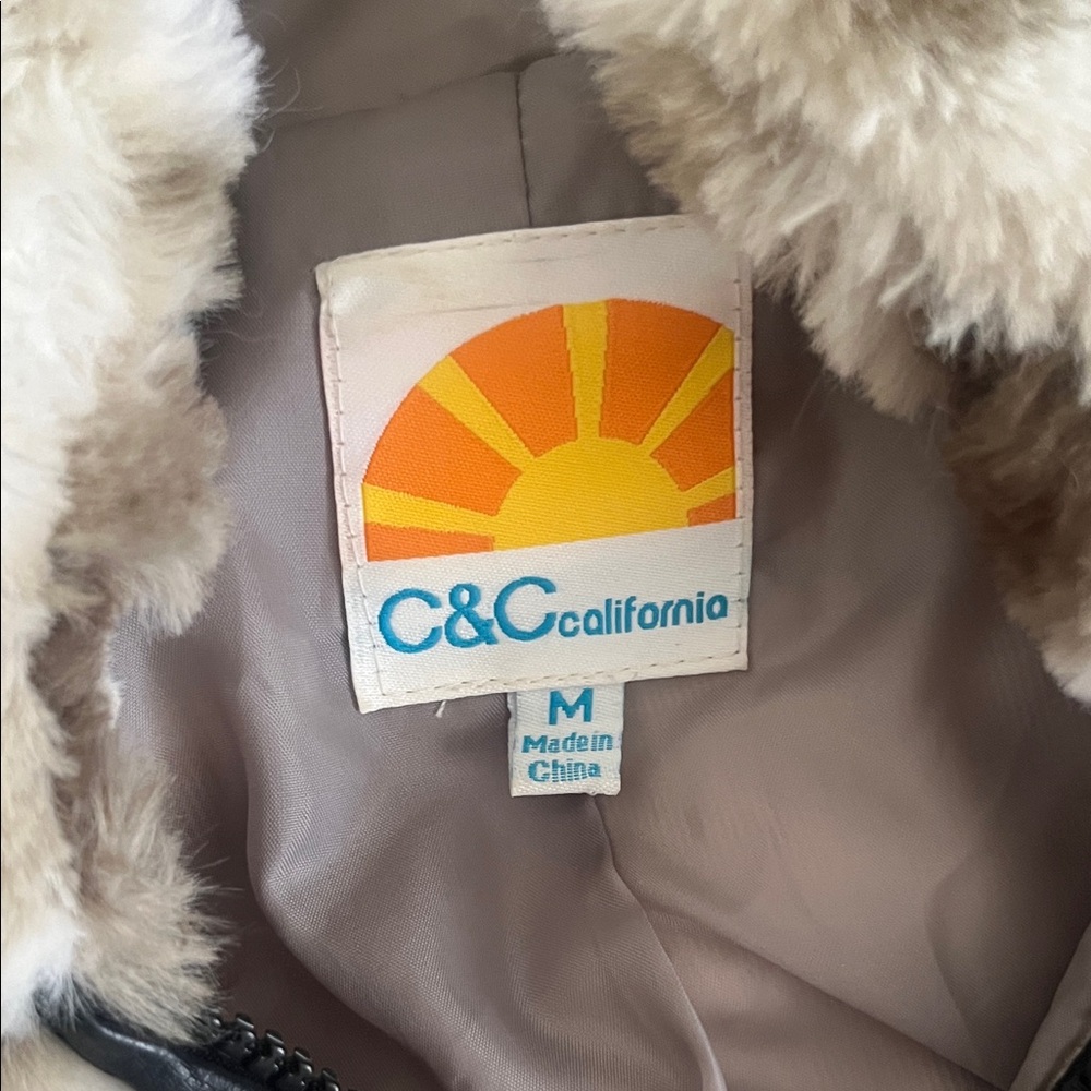 C & C California Hooded Jacket Coat Multicolor Animal Print Zip Faux Fur, Medium - Picture 2 of 7